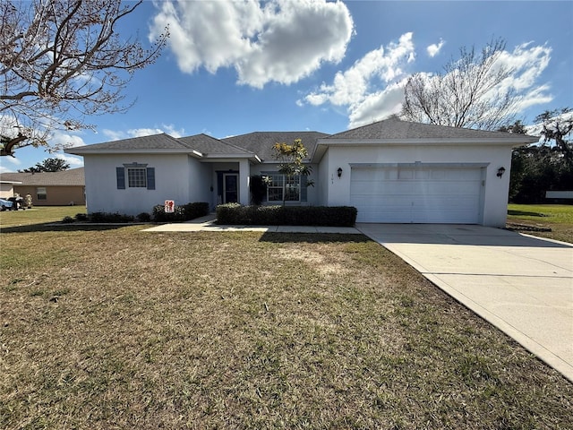 single story home with a garage and a front yard