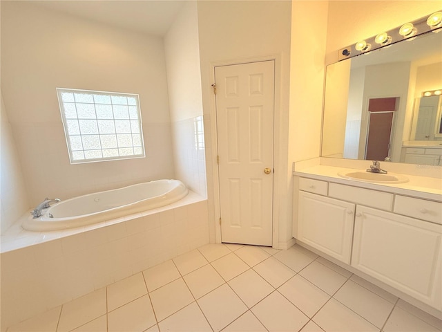 bathroom featuring vanity, plus walk in shower, and tile patterned flooring