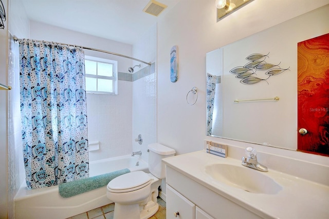 full bathroom featuring vanity, shower / bath combo, and toilet