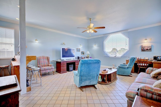 tiled living room featuring ornamental molding and ceiling fan