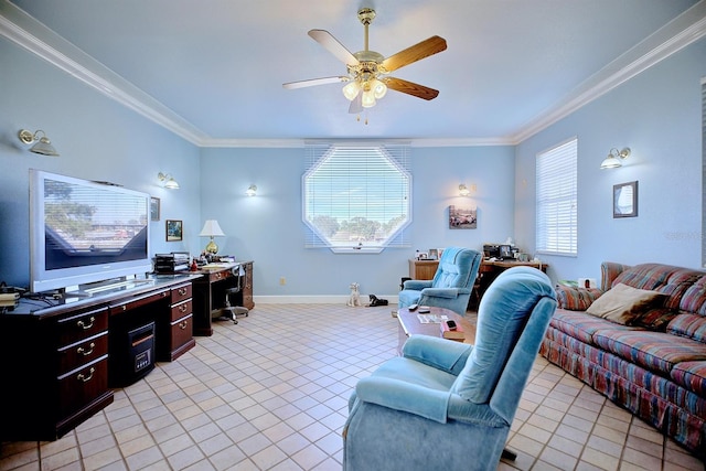 tiled living room featuring crown molding and ceiling fan