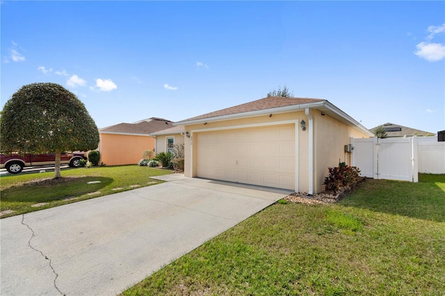 ranch-style home featuring a garage and a front lawn