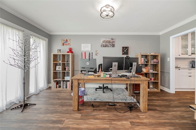 home office featuring dark wood-type flooring and ornamental molding