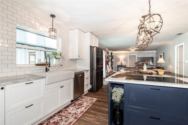 kitchen featuring white cabinetry, dishwasher, sink, and pendant lighting