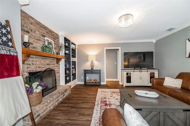 living room featuring crown molding, a brick fireplace, and dark wood-type flooring