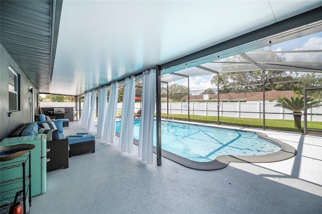 view of pool featuring outdoor lounge area, a lanai, and a patio area