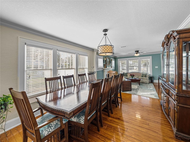 dining area with ceiling fan, crown molding, light hardwood / wood-style floors, and a textured ceiling