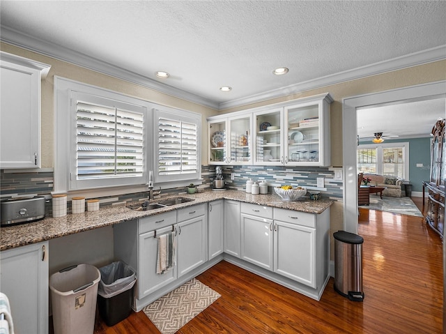 kitchen featuring dark hardwood / wood-style flooring, light stone countertops, sink, and white cabinets