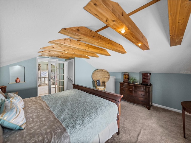 carpeted bedroom featuring vaulted ceiling with beams and french doors