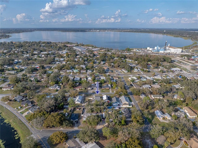 drone / aerial view with a water view