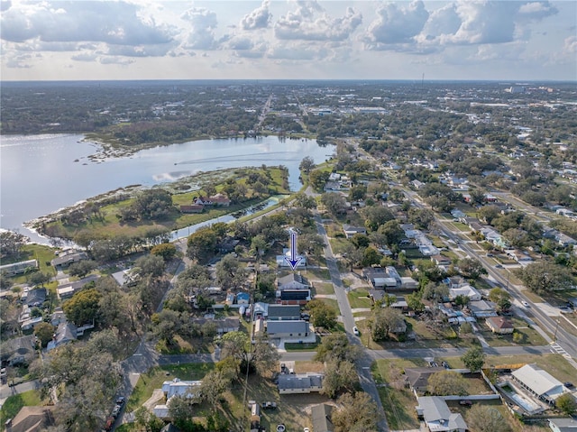 drone / aerial view with a water view