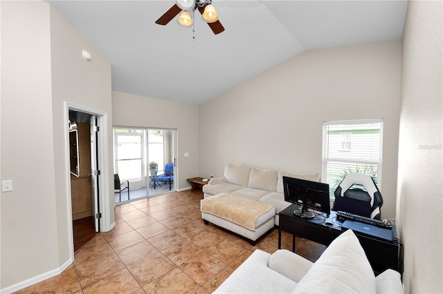 tiled living room with ceiling fan and lofted ceiling