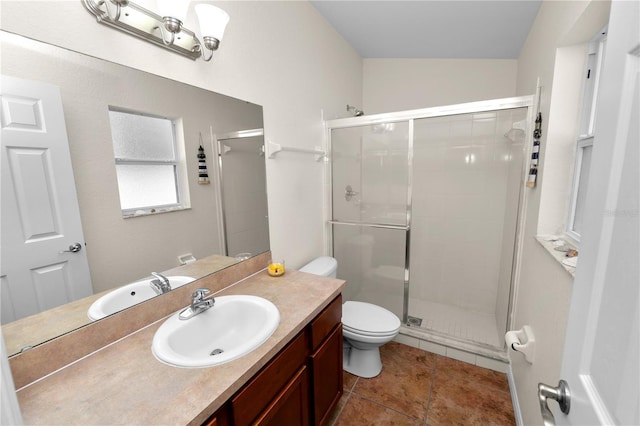 bathroom with tile patterned flooring, vanity, an enclosed shower, and toilet