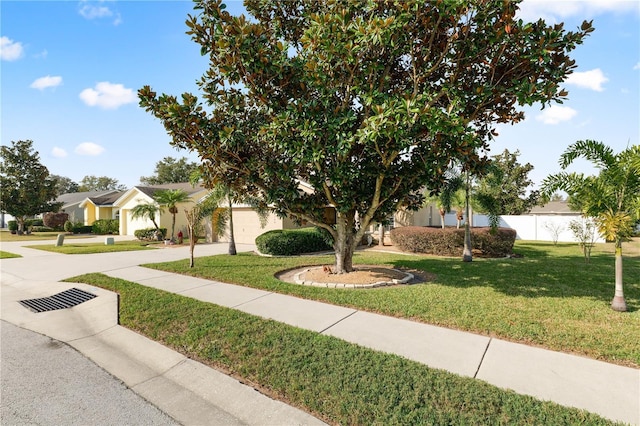 view of property hidden behind natural elements with a garage and a front lawn