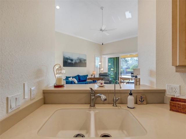 kitchen with crown molding, ceiling fan, and sink