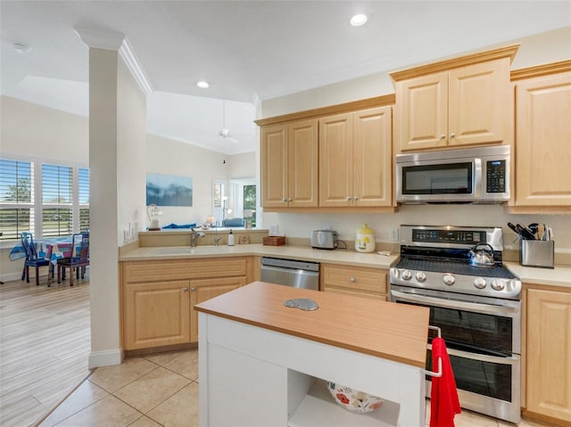 kitchen with crown molding, appliances with stainless steel finishes, sink, and light brown cabinetry