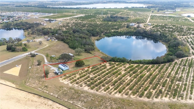 birds eye view of property with a water view and a rural view