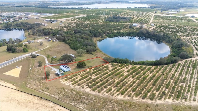 bird's eye view with a water view and a rural view