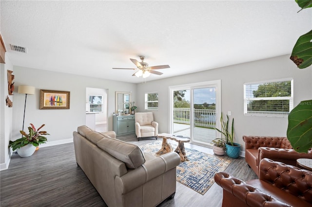 living room featuring ceiling fan, hardwood / wood-style floors, and a textured ceiling