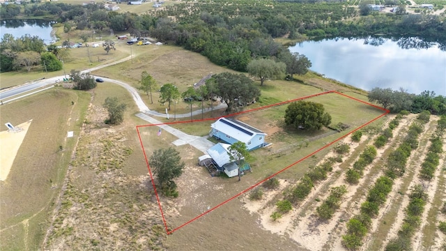 bird's eye view featuring a water view and a rural view