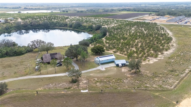 bird's eye view featuring a rural view and a water view