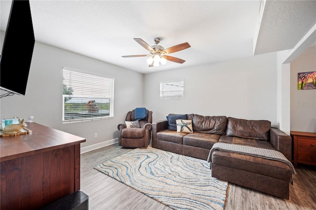 living room with hardwood / wood-style flooring and ceiling fan