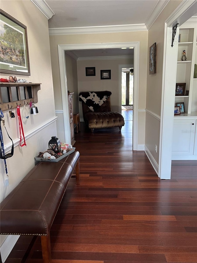 hall featuring built in shelves, ornamental molding, and dark hardwood / wood-style floors