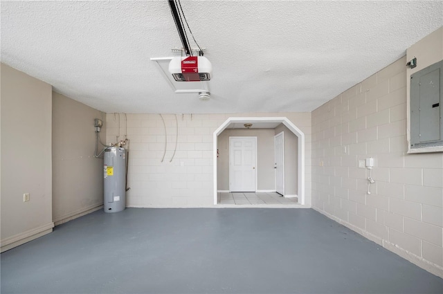 garage with water heater, a garage door opener, and electric panel