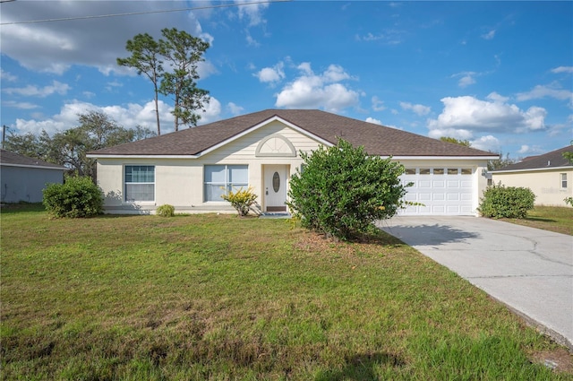 ranch-style house featuring a garage and a front yard