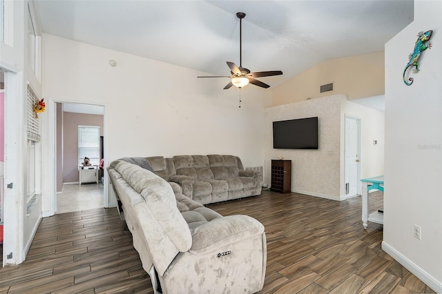 living room with high vaulted ceiling, dark hardwood / wood-style floors, and ceiling fan