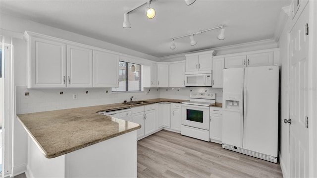 kitchen featuring white cabinetry, sink, white appliances, and kitchen peninsula