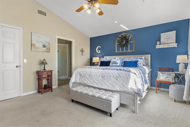 bedroom featuring visible vents, carpet flooring, baseboards, ceiling fan, and vaulted ceiling