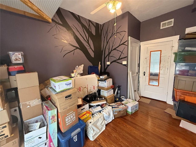 storage room featuring ceiling fan