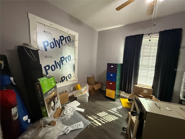 playroom featuring hardwood / wood-style flooring and ceiling fan