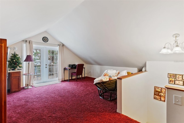 bonus room with carpet floors, a chandelier, and vaulted ceiling