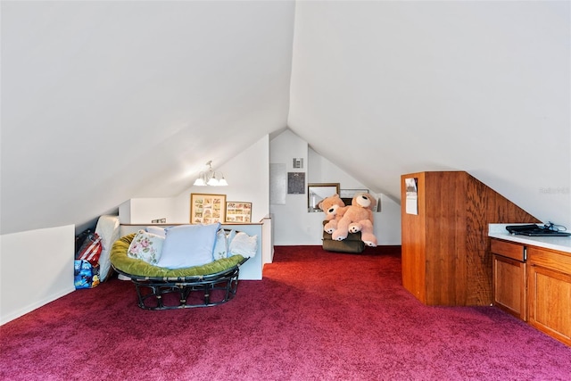 carpeted bedroom featuring vaulted ceiling