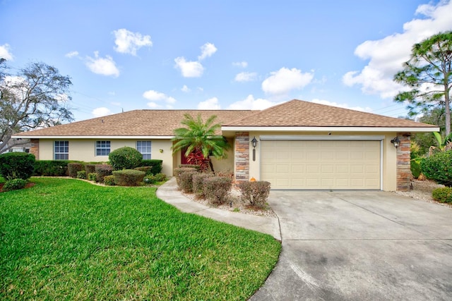 ranch-style home featuring a garage and a front lawn