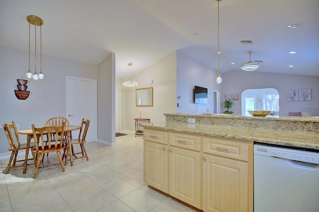 kitchen featuring decorative light fixtures, dishwasher, and light stone countertops