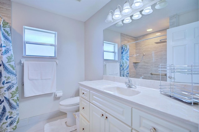 bathroom with vanity, toilet, and a shower with shower curtain