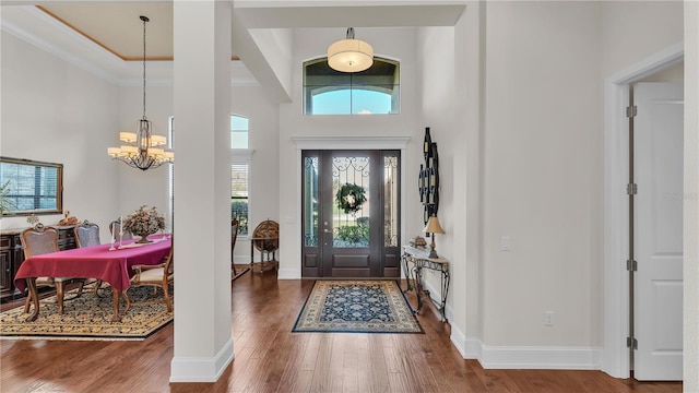 foyer entrance featuring a high ceiling, a notable chandelier, and dark hardwood / wood-style flooring