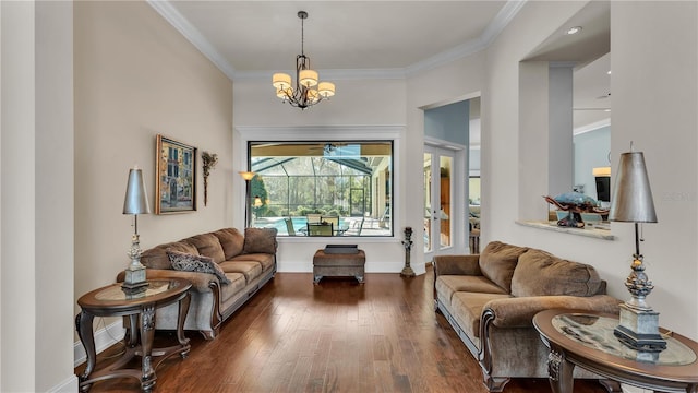 interior space featuring ornamental molding and dark hardwood / wood-style floors