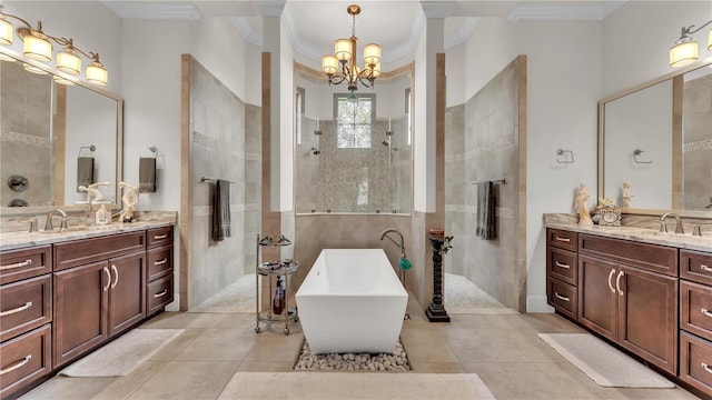 bathroom with independent shower and bath, crown molding, a notable chandelier, and tile patterned floors