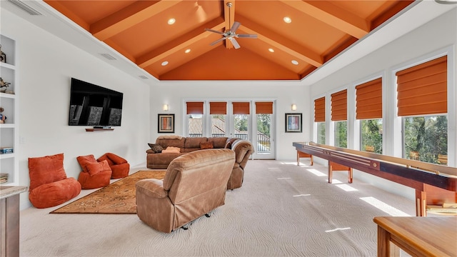 recreation room with built in features, beam ceiling, high vaulted ceiling, and carpet