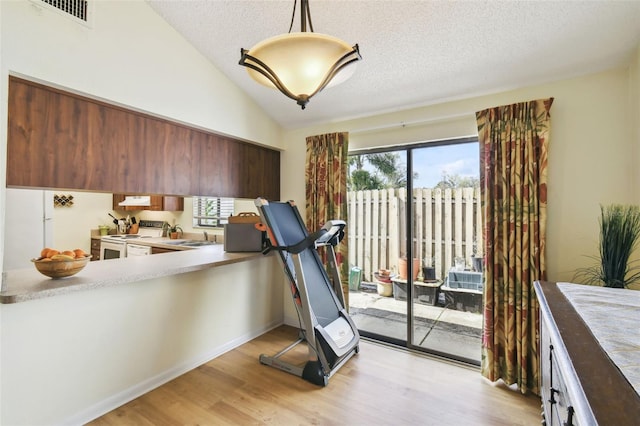 workout room with lofted ceiling, sink, a textured ceiling, and light hardwood / wood-style flooring