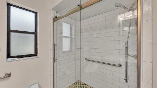 bathroom featuring a shower with shower door