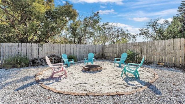 exterior space featuring an outdoor fire pit and a fenced backyard