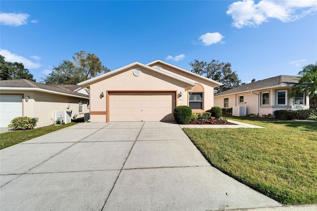 single story home featuring a garage, central air condition unit, and a front lawn