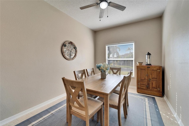 dining space featuring ceiling fan and a textured ceiling