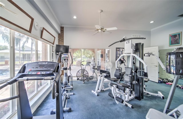 exercise room featuring crown molding and ceiling fan