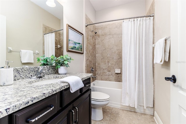 full bathroom featuring vanity, shower / bath combo, tile patterned floors, and toilet